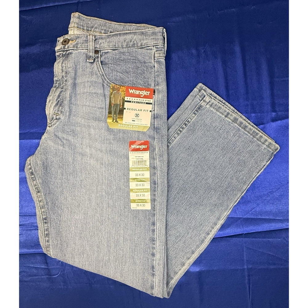 New Wrangler Men's 33x30 Heritage Five Star Regular Fit Stretch Light Blue Jeans